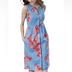 Joules Lisia Women’s 8 Sleeveless Button Down Blue Floral Lined Dress Flax Linen